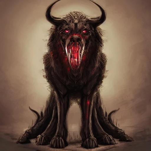 hellhound, looking at camera, intense stare, show legs with big paws, bloddy heart in mouth, ultra detailed fantasy, realistic, full body, symmetry, dnd, rpg, lotr game design, by concept art, behance hd, artstation, deviantart, global illumination radiating a glowing , unreal engine 5, 3D, Oil Painting, Pencil Sketch