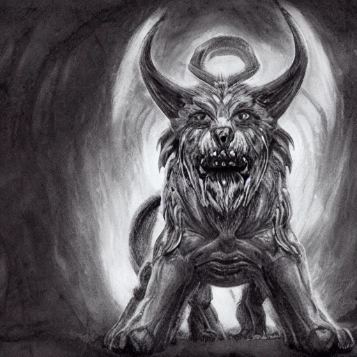 hellhound, looking at camera, intense stare, show legs with big paws, bloddy heart in mouth, ultra detailed fantasy, realistic, full body, symmetry, dnd, rpg, lotr game design, by concept art, behance hd, artstation, deviantart, global illumination radiating a glowing , unreal engine 5, 3D, Oil Painting, Pencil Sketch