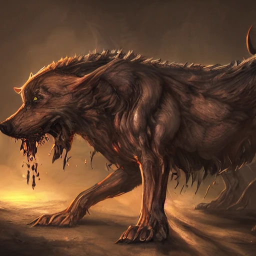 hellhound, looking at camera, intense stare, show legs with big paws, bloddy heart in mouth, ultra detailed fantasy, realistic, full body, symmetry, dnd, rpg, lotr game design, by concept art, behance hd, artstation, deviantart, global illumination radiating a glowing , unreal engine 5, 3D, Oil Painting, Pencil Sketch