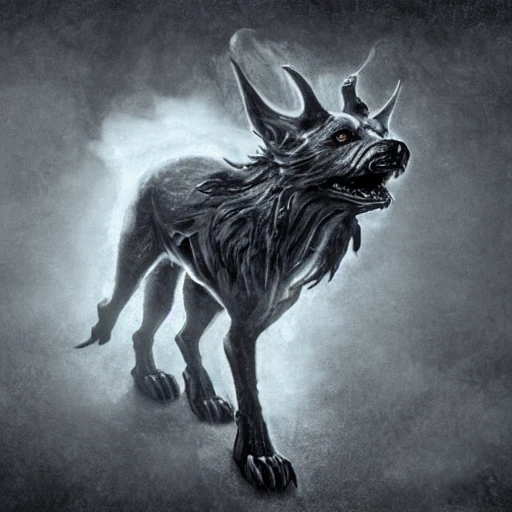 hellhound, looking at camera, intense stare, show legs with big paws, bloddy heart in mouth, ultra detailed fantasy, realistic, full body, symmetry, dnd, rpg, lotr game design, by concept art, behance hd, artstation, deviantart, global illumination radiating a glowing , unreal engine 5, 3D, Oil Painting, Pencil Sketch