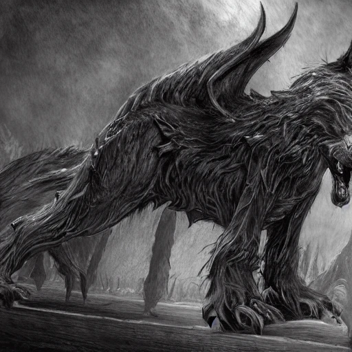 hellhound, looking at camera, intense stare, show legs with big paws, bloddy heart in mouth, ultra detailed fantasy, realistic, full body, symmetry, dnd, rpg, lotr game design, by concept art, behance hd, artstation, deviantart, global illumination radiating a glowing , unreal engine 5, 3D, Oil Painting, Pencil Sketch