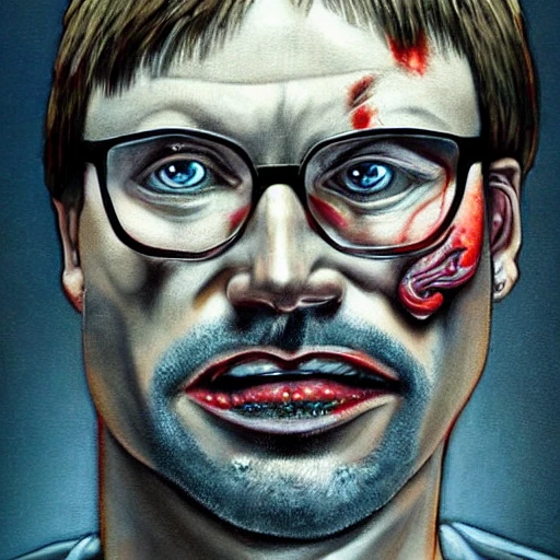 very detailed Hyper realistic painting, of Jeffrey dahmer as demon , eating brains, blood on face, monster, art deco, very detailed, very realistic, Detailed and Intricate, Geometric, CGI, PBR, highly detailed, digital masterpiece ,trippy, 8k, smooth, [sharp focus], unreal engine 5 rendered, illustration, cinematic lighting, [high octane render], detailed environment], [high key lighting,  highly detailed, fine detail, intricate, award - winning, fantasy, Trippy, by Rembrandt