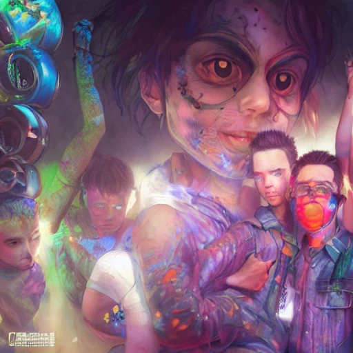 very detailed Hyper realistic 3d photo, of [sucide boys at rave] highly detailed, digital painting, art by Stanley Artgerm Lau, WLOP, Rossdraws, James Jean, Andrei Riabovitchev, Marc Simonetti, Yoshitaka Amano 8 k, smooth, [sharp focus], fluorescent skin, unreal engine 5 rendered, illustration, cinematic lighting, [high octane render], detailed environment], [extremely detailed face], [perfect human face], high key lighting,  highly detailed, fine detail, intricate, award - winning, fantasy, 3D, [no watermarks], Use Face Correction:10, Use Upscaling: RealESRGAN_x4plus, 