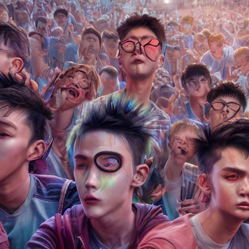 very detailed Hyper realistic 3d photo, of [sucide boys at music festival ] highly detailed, digital painting, art by Stanley Artgerm Lau, WLOP, Rossdraws, James Jean, Andrei Riabovitchev, Marc Simonetti, Yoshitaka Amano 8 k, smooth, [sharp focus], fluorescent skin, unreal engine 5 rendered, illustration, cinematic lighting, [high octane render], detailed environment], [extremely detailed face], [perfect human face], high key lighting,  highly detailed, fine detail, intricate, award - winning, fantasy, 3D, [no watermarks], Use Face Correction:10, Use Upscaling: RealESRGAN_x4plus, 