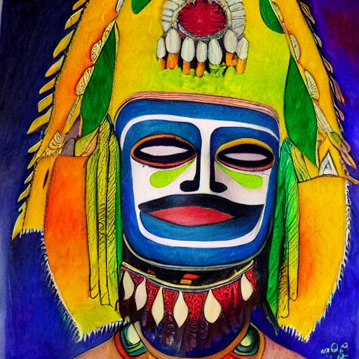 Indian Latin America with mask, oil paiting, Oil Painting, Water Color, Cartoon, Pencil Sketch