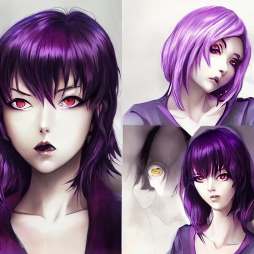 Beautiful grown up anime women as a evil witch with purple short hair , pale white skin, artstation , 4K , Highly detailed , high quality , dramatic lighting , drawn by Yusuke Murata , elegant, highly detailed, centered, digital painting, artstation, concept art, artgerm, donato giancola, Joseph Christian Leyendecker, WLOP, Boris Vallejo, Artgerm, 3D