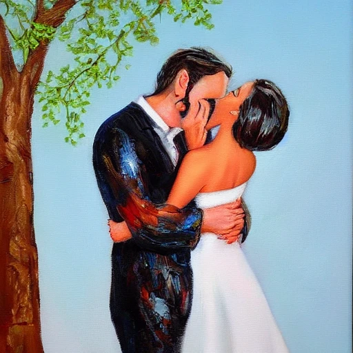happy couple, kiss, Oil Painting