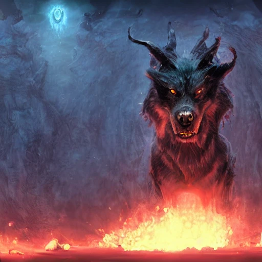 hellhound, looking at camera, intense stare, show legs with big paws, ultra detailed fantasy, realistic, full body, symmetry, dnd, rpg, lotr game design, by concept art, behance hd, artstation, deviantart, global illumination radiating a glowing , unreal engine 5, 3D, gouache painting