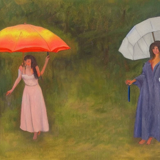 Adan and Eve with umbrellas in the Paradise, Oil Painting