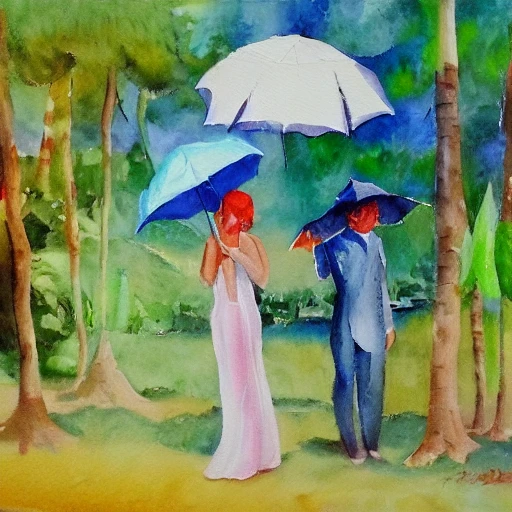 Adan and Eve with umbrellas in the Paradise, Oil Painting, Water Color