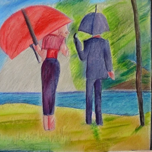 Adan and Eve with umbrellas in the Paradise, Oil Painting, Water Color, Pencil Sketch