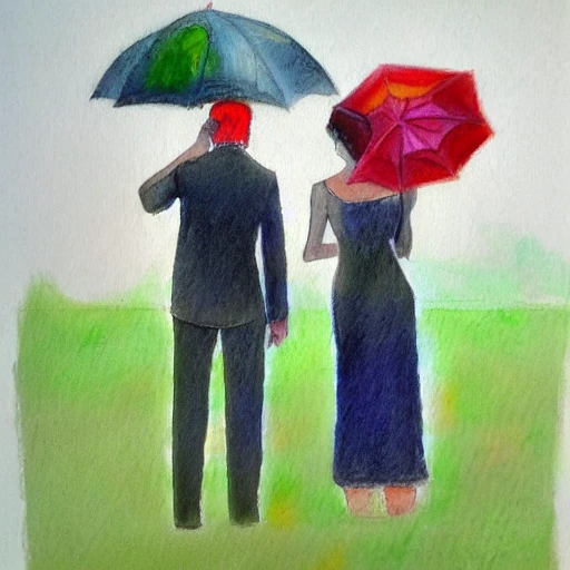 Adan and Eve with umbrellas in the Paradise, Oil Painting, Water Color, Pencil Sketch, Cartoon