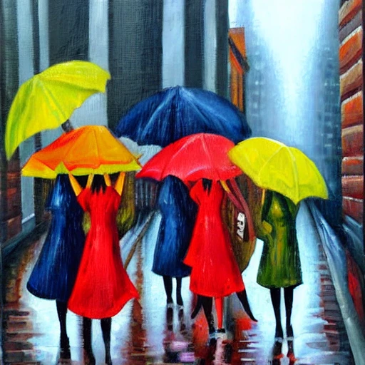 women with umbrellas in the rain in the city, Oil Painting