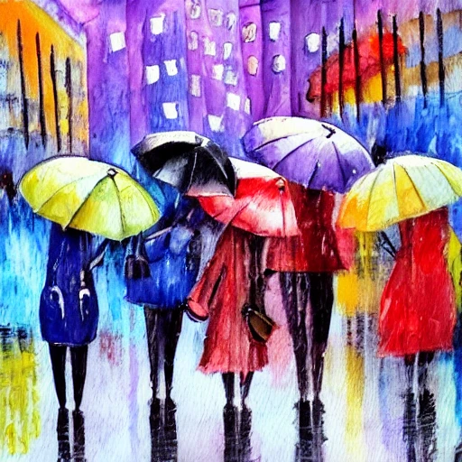 women with umbrellas in the rain in the city, Oil Painting, Water Color, Cartoon