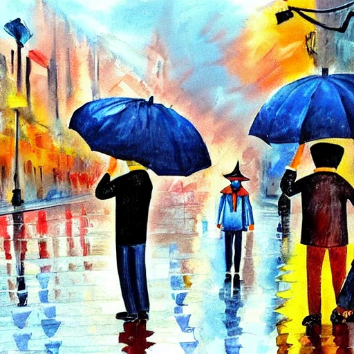 men with umbrellas in the rain in the city, Oil Painting, Water Color, Cartoon, Cartoon