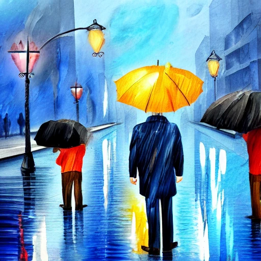 men with umbrellas in the rain in the city, Oil Painting, Water Color, Cartoon, Cartoon, Oil Painting