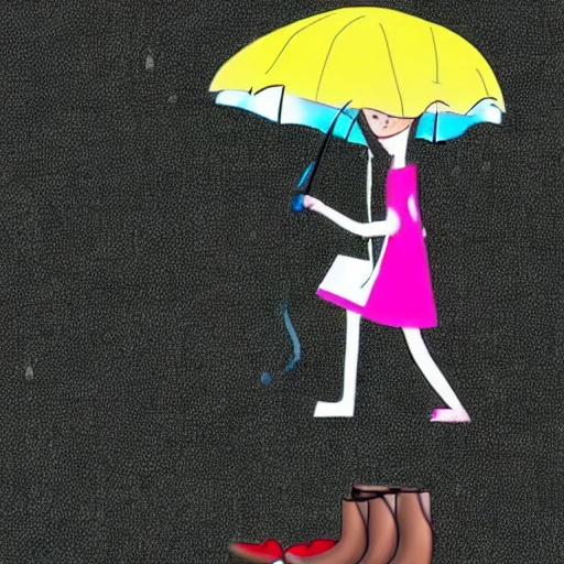 woman with umbrella down rain in the beach, Cartoon, Cartoon, Cartoon