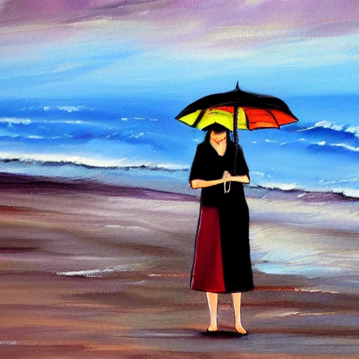 woman with umbrella down rain in the beach, Cartoon, Cartoon, Cartoon, Oil Painting