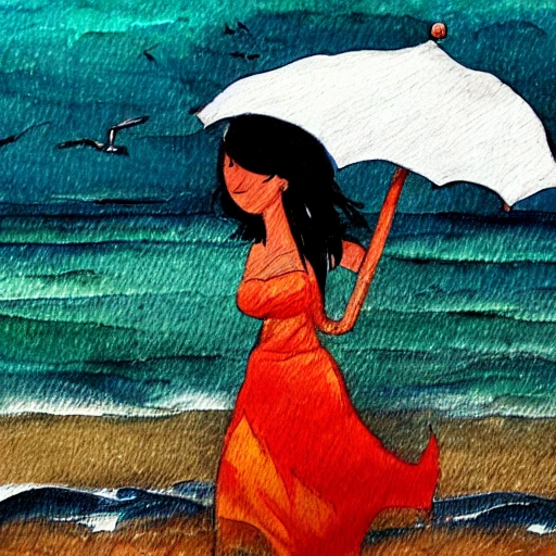 woman with umbrella down rain in the beach, Cartoon, Cartoon, Cartoon, Oil Painting, Water Color