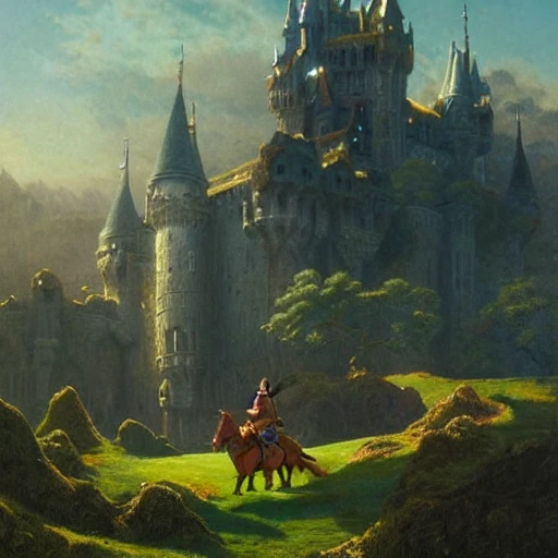 beautiful matte art of a big castle in a serene landscape, a knight riding a dragon, by albert bierstadt, green grass, highly detailed, crystal lighting, mystical, forest, hyperrealistic, 32k, unreal engine, magical, by joe fenton, by greg rutkowski, by greg tocchini, by kaws, by kate beaton, by kaethe butcher, hyperdetailed, 32k resolution 