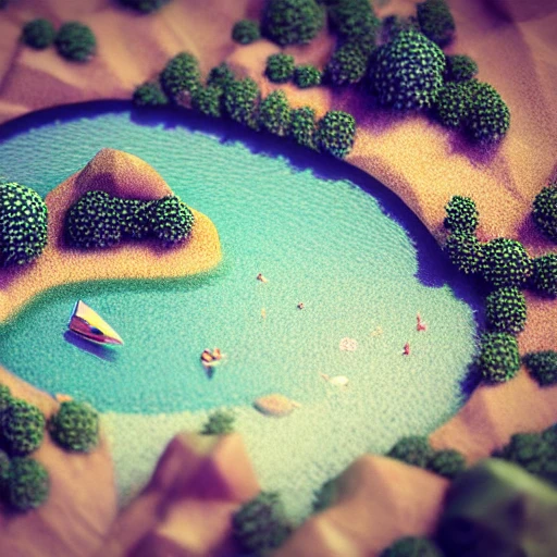 isometric miniature world, island, mountains, water, sand, trees, 100mm lens, 3d blender render, aesthetic, beautiful, Tiny, cute 