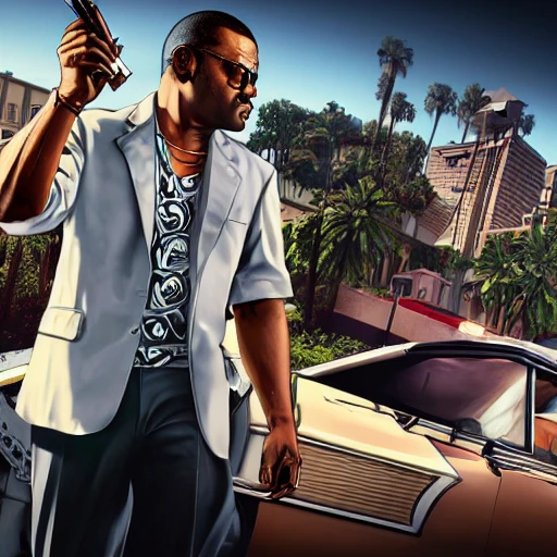 Highly detailed, GTaV loading screen hd wallpaper, of gangster holding gun, smoking cigaret,  in vice city, detailed body good anatomy,  highly detailed, digital masterpiece, 8k, smooth, [sharp focus], unreal engine 5 rendered, illustration, cinematic lighting, [high octane render], detailed environment], [high key lighting, highly detailed, fine detail, intricate, award - winning