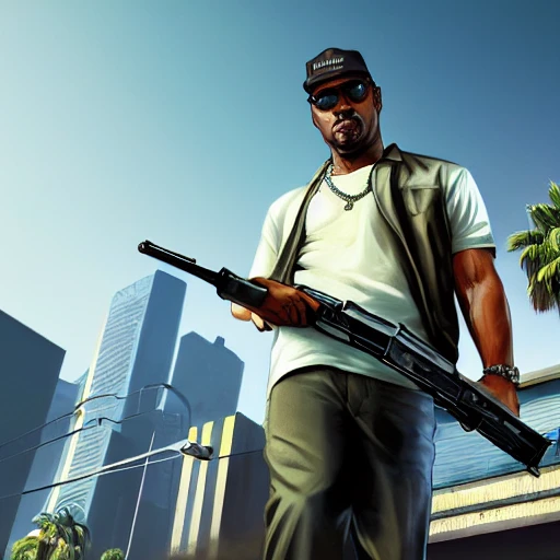 Highly detailed, GTaV loading screen hd wallpaper, of gangster holding gun, smoking cigaret,  in vice city, detailed body good anatomy,  highly detailed, digital masterpiece, 8k, smooth, [sharp focus], unreal engine 5 rendered, illustration, cinematic lighting, [high octane render], detailed environment], [high key lighting, highly detailed, fine detail, intricate, award - winning cyberpunk