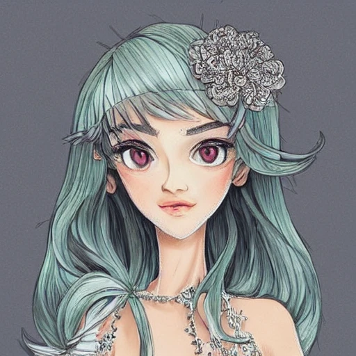 {{{silver hair}}}, {{green eyes}}，Flowing skirt，Gorgeous skirts，{Delicate hand details}masterpiece, best quality, bestquality，in floral Cluster,Amazing,{beautiful detailed eyes}, Cartoon