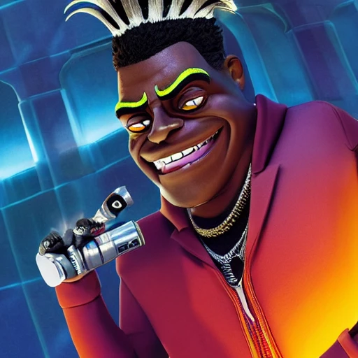 a hyper realistic movie poster of, rapper Kodak black, as villain, as seen in millennium despicable me 3 (2017), brown skin high definition, Detailed and Intricate, Geometric, CGI, PBR, detailed, digital masterpiece, 8k, smooth, [sharp focus], unreal engine 5 rendered, illustration, cinematic lighting, [high octane render], detailed environment], [high key lighting, highly detailed, fine detail, intricate, award - winning, {high definition anatomy}, 3D