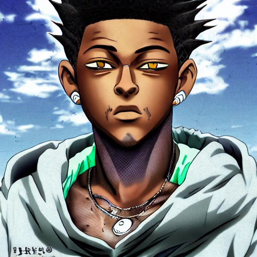 hyper realistic full body poster of rapper xxxtentacion as anime character  as seen in Yoshihiro Togashi hunter x hunter (2011), high definition, Detailed and Intricate, Geometric, CGI, PBR, detailed, digital masterpiece, 8k, smooth, [sharp focus], unreal engine 5 rendered, illustration, cinematic lighting, [high octane render], detailed environment], [high key lighting, highly detailed, fine detail, intricate, award - winning, {high definition anatomy}, 3D
