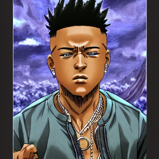 hyper realistic full body poster of rapper xxxtentacion as anime character  as seen in Yoshihiro Togashi hunter x hunter (2011), high definition, Detailed and Intricate, Geometric, CGI, PBR, detailed, digital masterpiece, 8k, smooth, [sharp focus], unreal engine 5 rendered, illustration, cinematic lighting, [high octane render], detailed environment], [high key lighting, highly detailed, fine detail, intricate, award - winning, {high definition anatomy}, 3D
