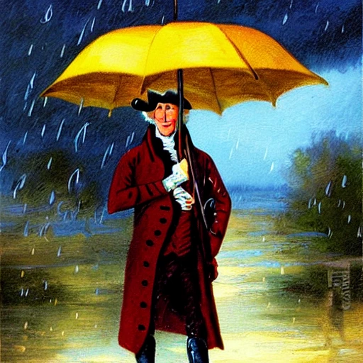 George Washington with umbrella under the rain, Cartoon, Oil Painting