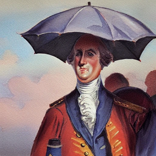 George Washington with umbrella under the rain, Cartoon, Oil Painting, Water Color