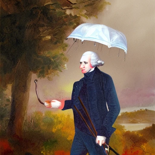 George Washington with umbrella under the rain, Cartoon, Oil Painting, Water Color, Trippy