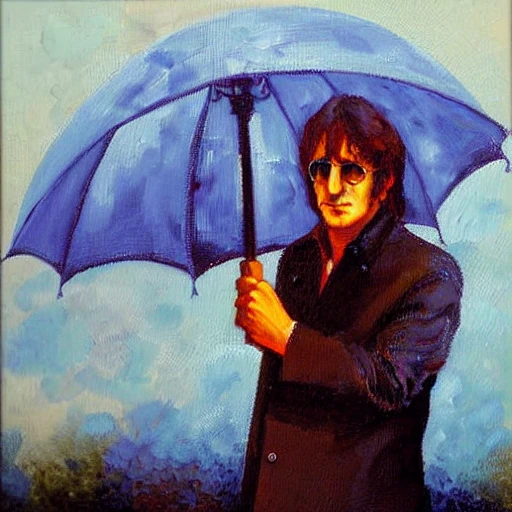 John Lennon with umbrella under the rain, Oil Painting, Oil Painting