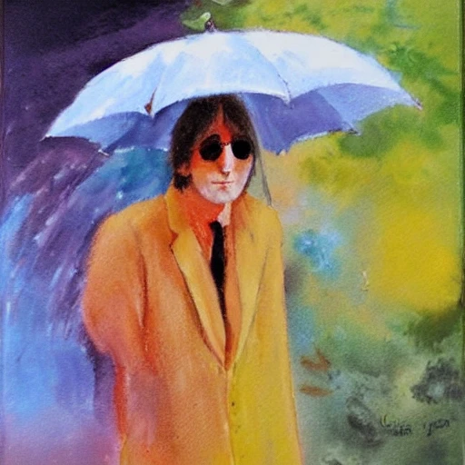 John Lennon with umbrella under the rain, Oil Painting, Oil Painting, Water Color