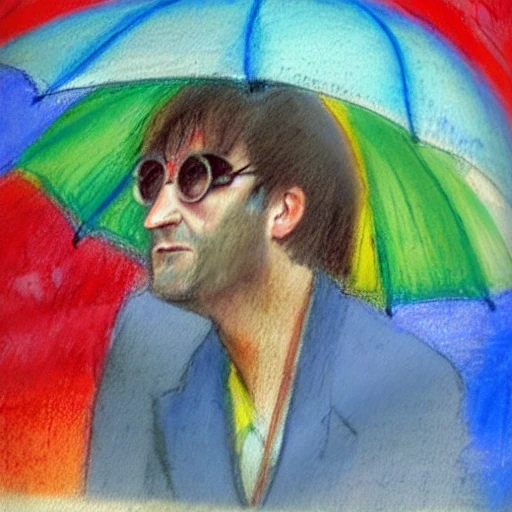 John Lennon with umbrella under the rain, Oil Painting, Oil Painting, Water Color, Pencil Sketch, Cartoon