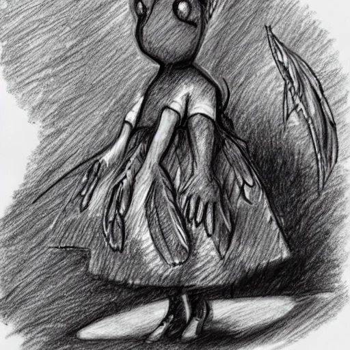 An anthropomorphic and beautiful dinosaur girl withe feathers wearing a skirt and web socks, Pencil Sketch