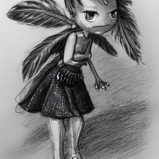 An anthropomorphic and beautiful dinosaur girl with feathers wearing a skirt and web socks, Pencil Sketch