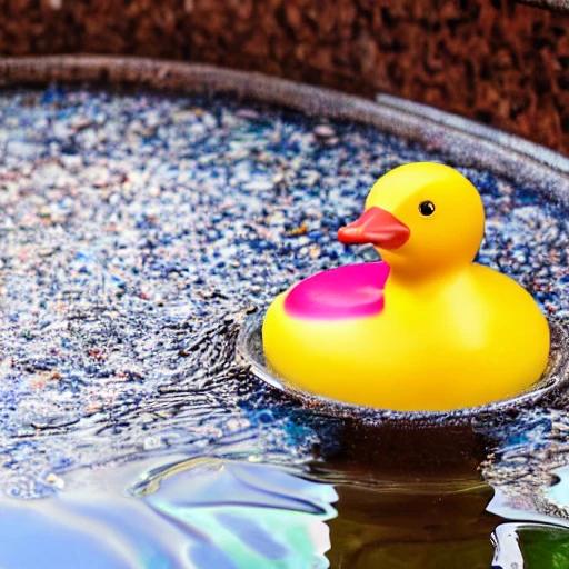 Colorful soap floating on the water next to a rubber duck