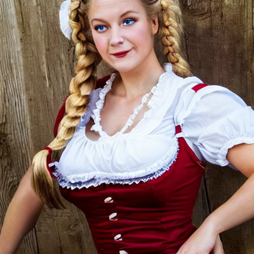 ultra realistic half-body pin up photo of real person,  a sexy beautiful vigorous Bavarian female matron wearing wide traditional  Bavarian dirndl dress with petticoat, long blonde braided hair,  lush cleavage, beautiful detailed symmetrical face, modeling photography, 8 0 mm camera, by Dave McKean and Sam Weber, 8k, HD, Ultra Realistic,  First-Person-View, look into camera 