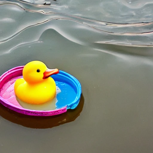 Large colored soap floating on the water next to a small rubber duck