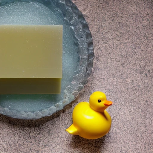 Large colored soap floating on the water next to a small rubber duck