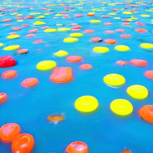 There are big colorful soaps floating on the water on the left and a few small rubber ducks on the right