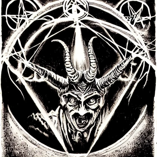 heavy metal album cover with a large firey pentagram background with a horned satan in the center, by H.R. Giger, by Ralph Steadman, occult symbols, emblem, 666, baphomet, devil horns hand gesture, Anatomical Drawing, Logo, Sticker, Stencil, Evil, Glow Stick, Flare, Moody Lighting, Inferno, Posterization, in a symbolic and meaningful style, intricate, elegant, ornate, deviant art