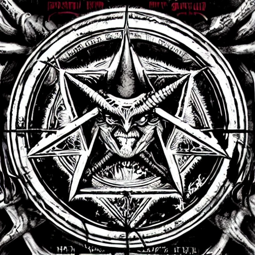 heavy metal album cover with a large firey pentagram emblem in the background with a horned satan in the center, by H.R. Giger, by Ralph Steadman, occult symbols, 666, baphomet, Logo, Sticker, Poster, Evil, Flare, Inferno, in a symbolic and meaningful style, intricate, elegant, ornate, deviant art