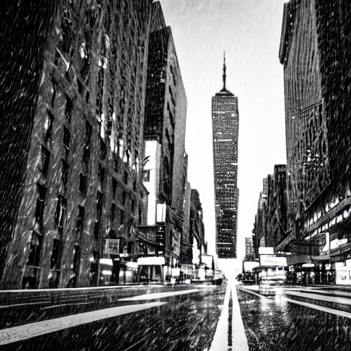 black and white, artistic photography, raining in new-york, downtown, 8k, cinematic lighting, very fine detail, sharp focus