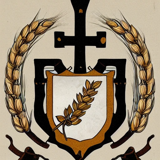 coat of arms. wheat and crossed swords making a W. exquisite graphic design