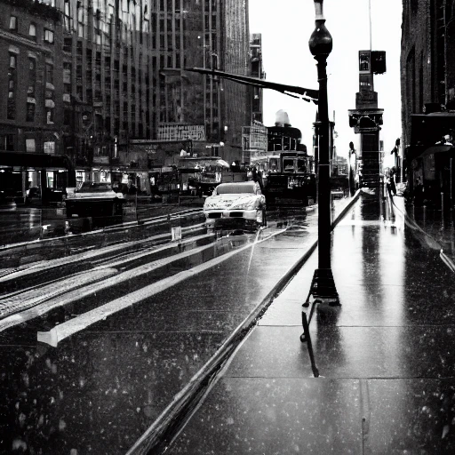 black and white, artistic photography, raining in new-york in the 1950s, downtown, 8k, cinematic lighting, very fine detail, sharp focus