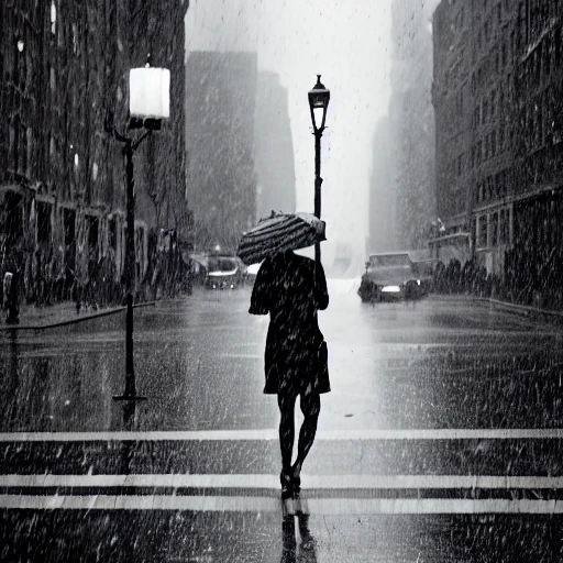 black and white, artistic photography, raining in new-york in the 1950s, downtown, 8k, cinematic lighting, very fine detail, sharp focus